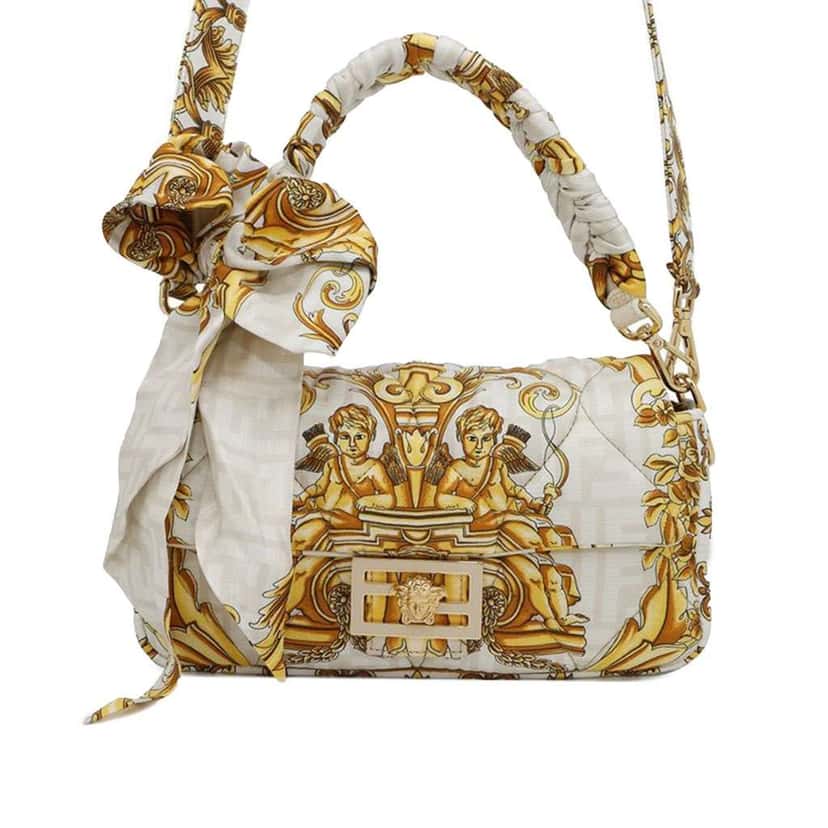 Fendi Versace Fendace FF Baroque Print Silk Baguette Satchel White Silk Good condition - Front View
