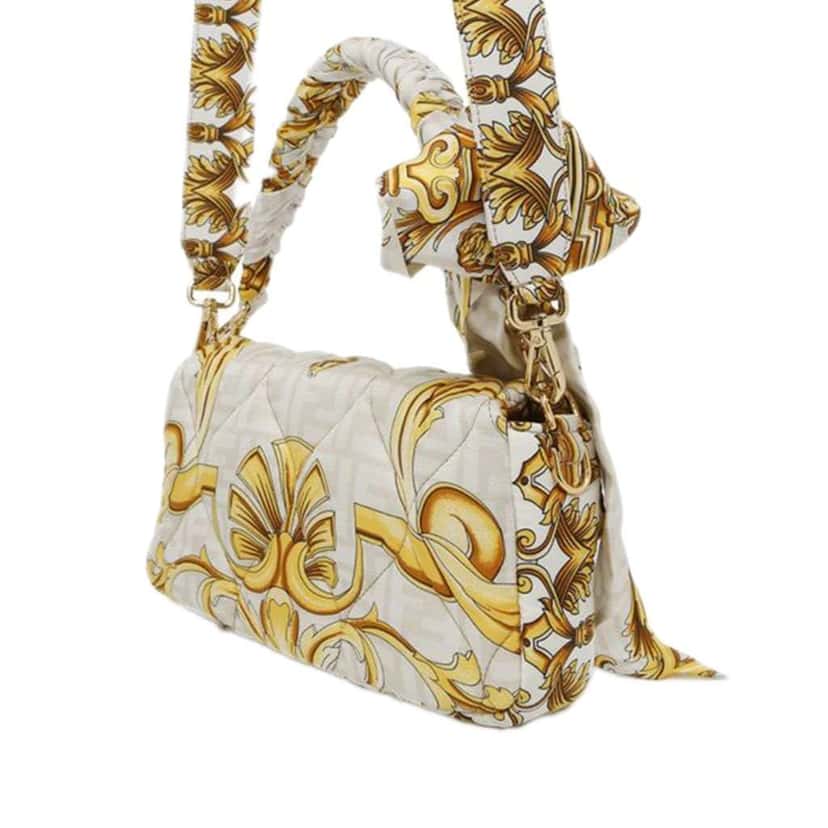 Fendi Versace Fendace FF Baroque Print Silk Baguette Satchel White Silk Good condition - Back View
