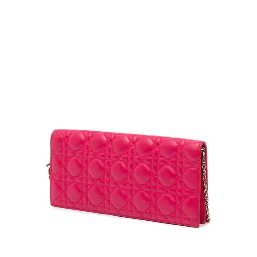 Dior Lambskin Cannage Lady Dior Wallet On Chain Pink Leather Good condition - Back View