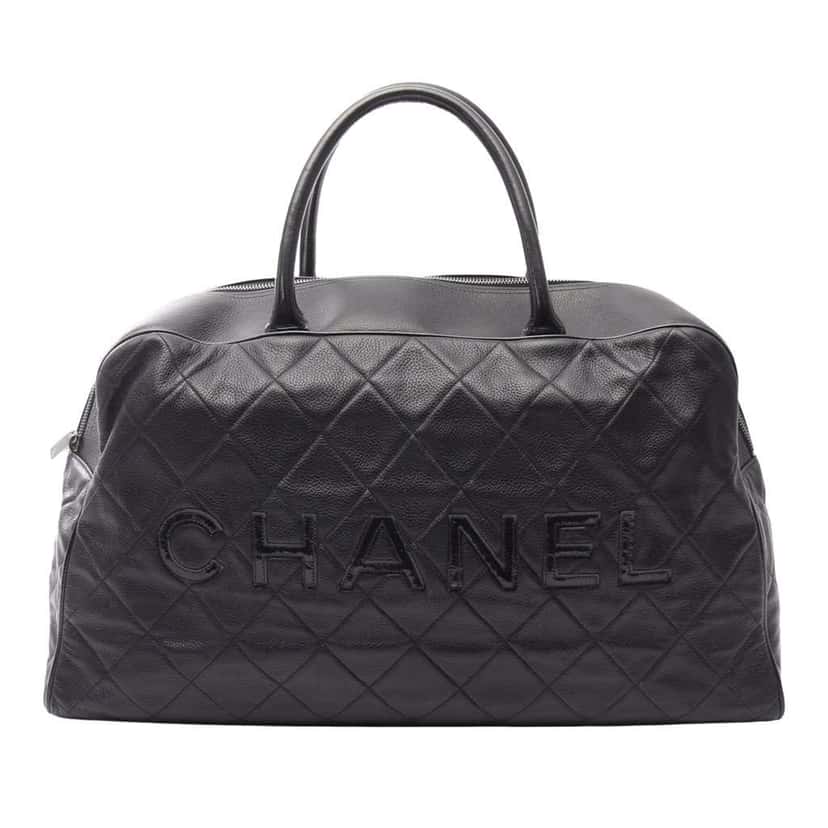 Chanel Large Quilted Caviar and Patent Logo Bowler Bag Black Leather Good condition - Front View