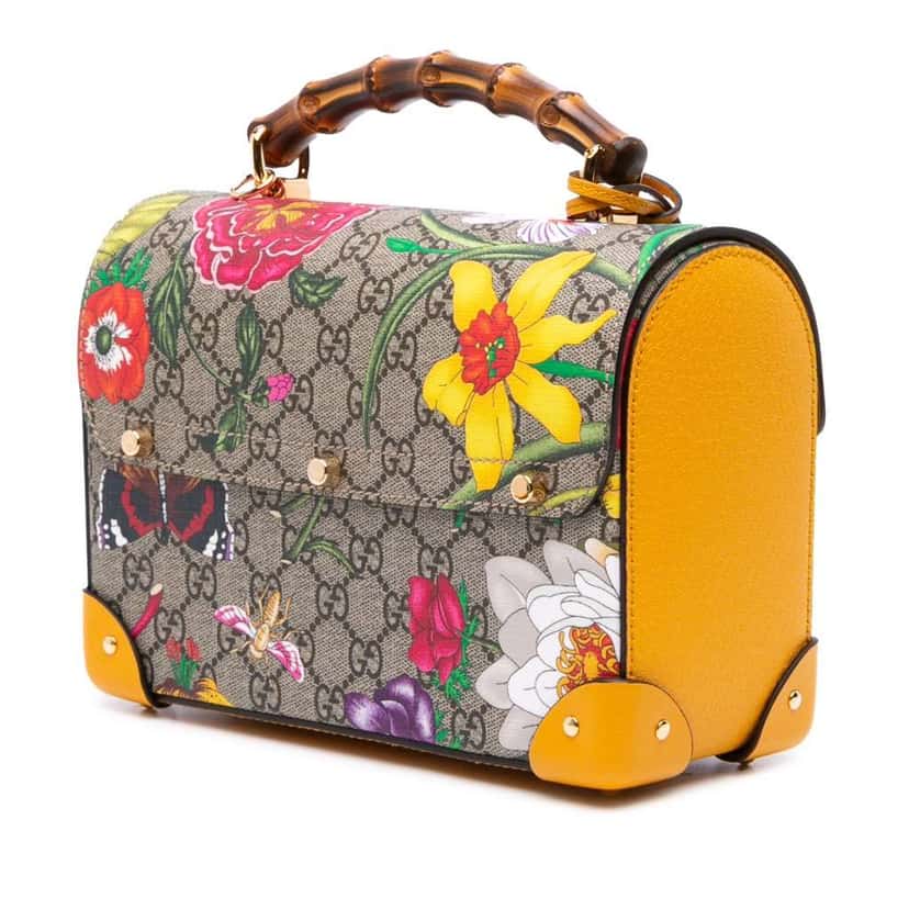 Gucci Small GG Supreme Flora Bamboo Padlock Satchel Brown Canvas Good condition - Back View