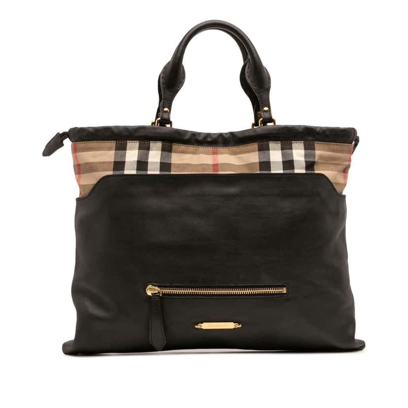 Burberry House Check Trimmed Leather Big Crush Convertible Tote Black Leather Good condition - Front View