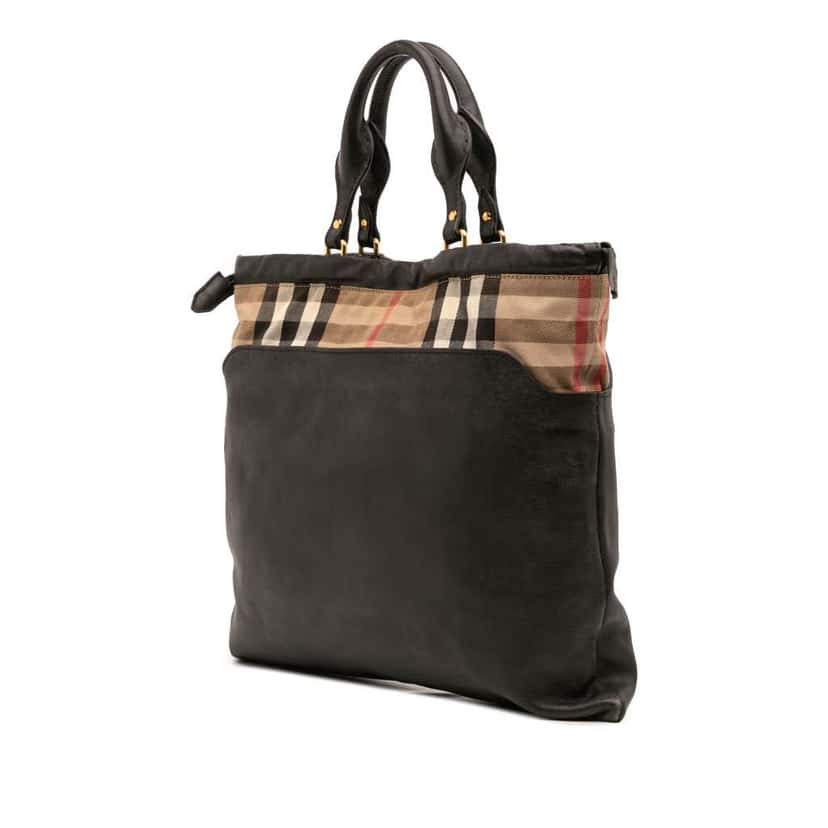 Burberry House Check Trimmed Leather Big Crush Convertible Tote Black Leather Good condition - Back View