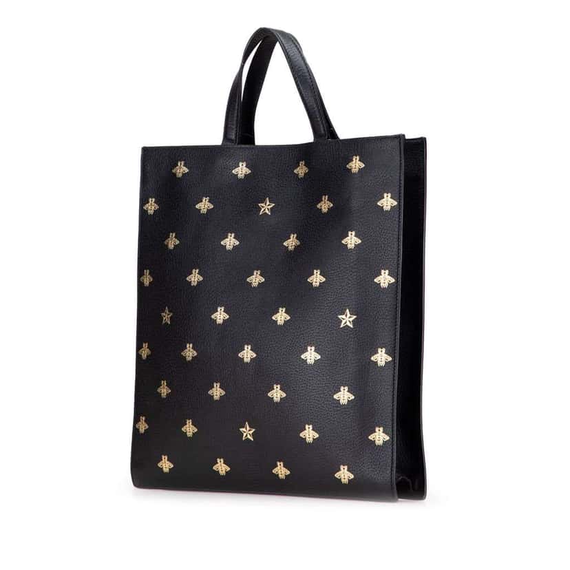 Gucci Grained Calfskin Bee Star Vertical Tote Black Leather Good condition - Back View