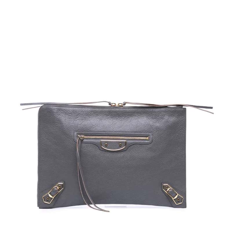 Balenciaga Goatskin Motocross Classic Metallic Edge Clutch Grey Leather Good condition - Front View