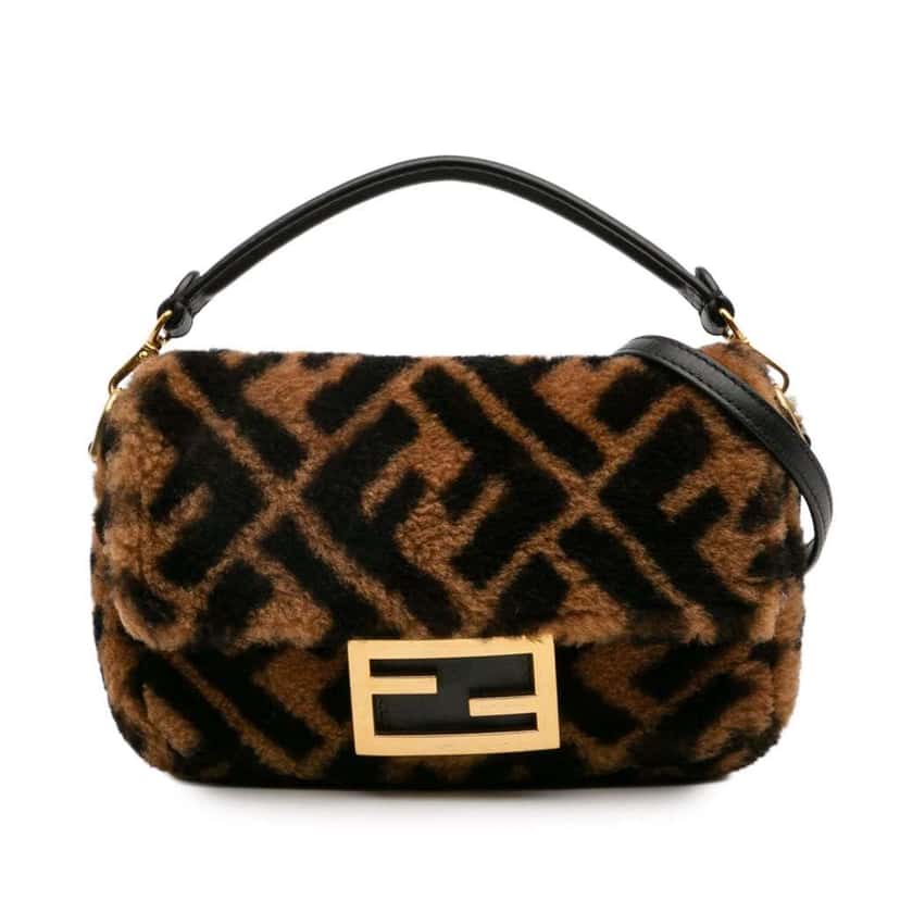 Fendi Mini Zucca Shearling Chain Baguette Satchel Brown Good condition - Front View