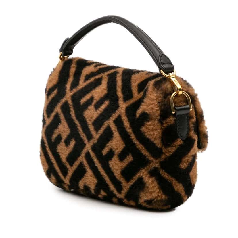 Fendi Mini Zucca Shearling Chain Baguette Satchel Brown Good condition - Back View