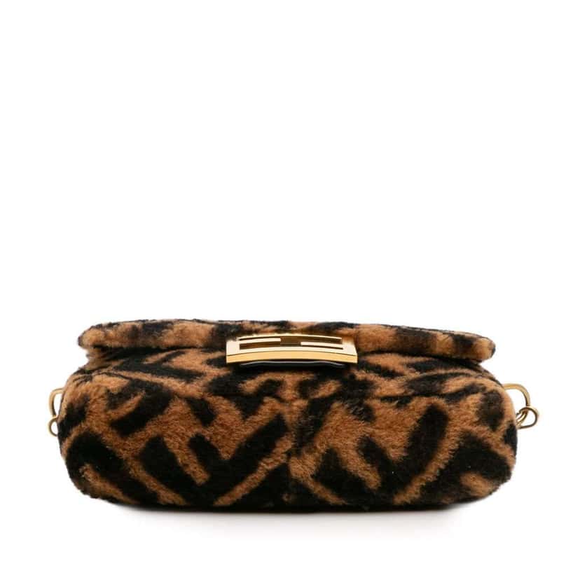 Fendi Mini Zucca Shearling Chain Baguette Satchel Brown Good condition - Inside View
