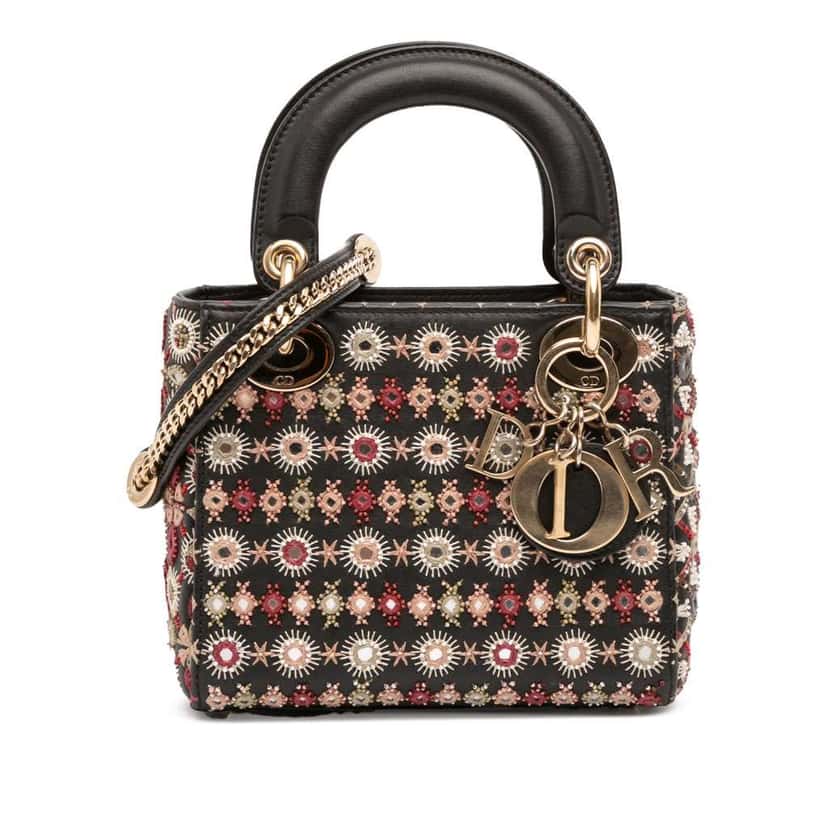 Dior Mini Calfskin Beaded Embroidered Lady Dior Black Leather Good condition - Front View