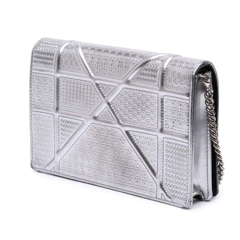Dior Metallic Patent Microcannage Diorama Wallet on Chain Silver Leather Good condition - Back View
