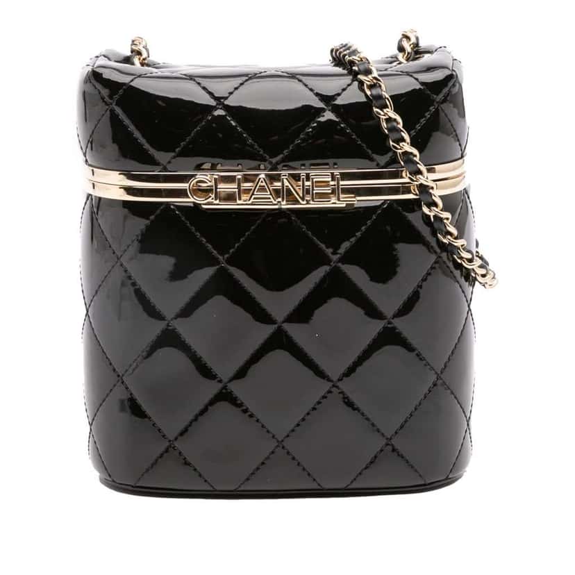 Chanel Quilted Patent Logo Chain Vanity Case Black Leather Very good condition - Front View