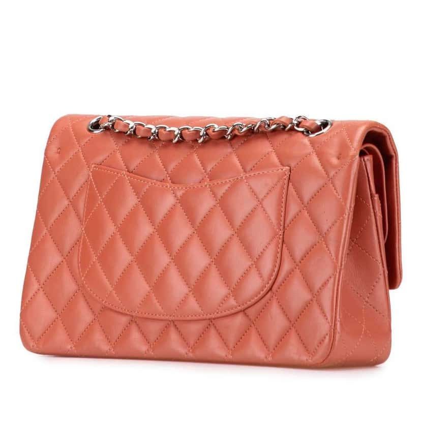Chanel Medium Classic Lambskin Double Flap Orange Leather Good condition - Back View