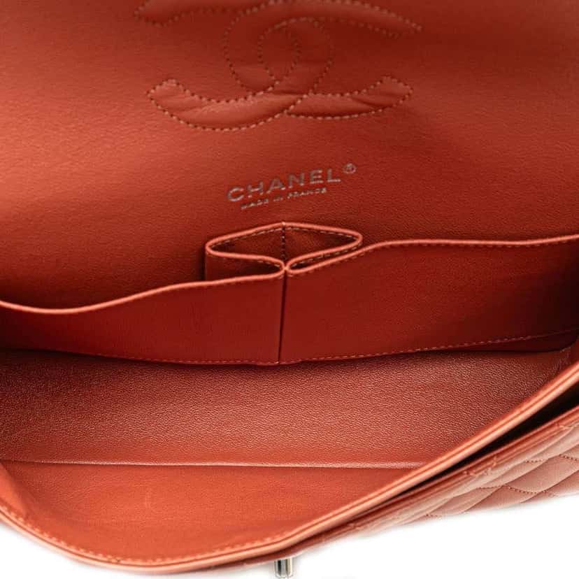 Chanel Medium Classic Lambskin Double Flap Orange Leather Good condition - Model View