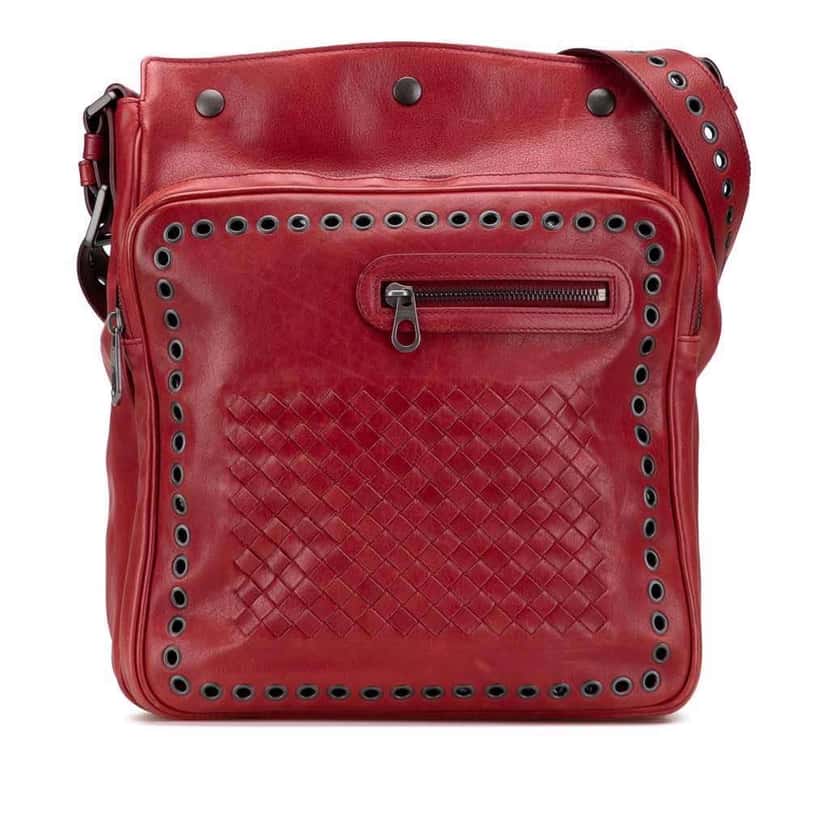 Bottega Veneta Nappa Intrecciato Grommet Crossbody Red Leather Good condition - Front View