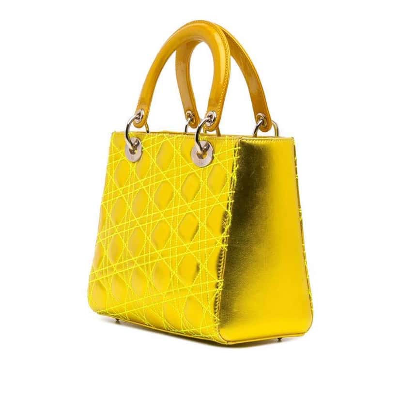 Dior Anselm Reyle Medium Metallic Lambskin Cannage Lady Dior Yellow Leather Good condition - Back View