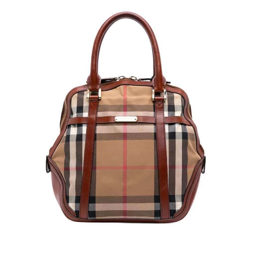 Burberry Small Leather Trimmed House Check Canvas Bridle Orchard Satchel Brown Canvas Good condition - Front View