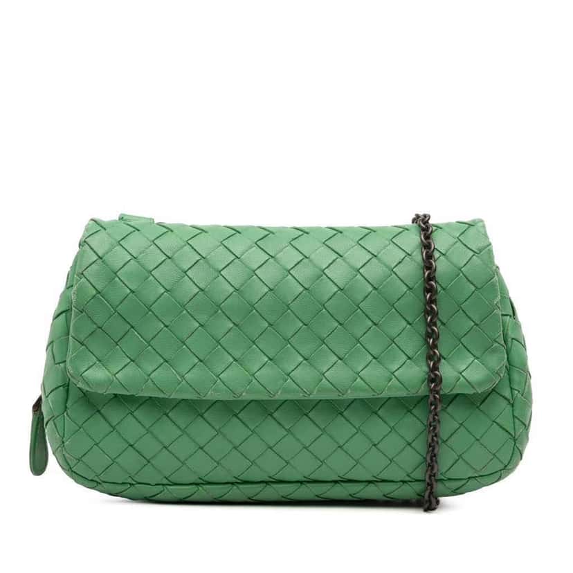 Bottega Veneta Mini Nappa Intrecciato Expandable Chain Crossbody Green Leather Good condition - Front View