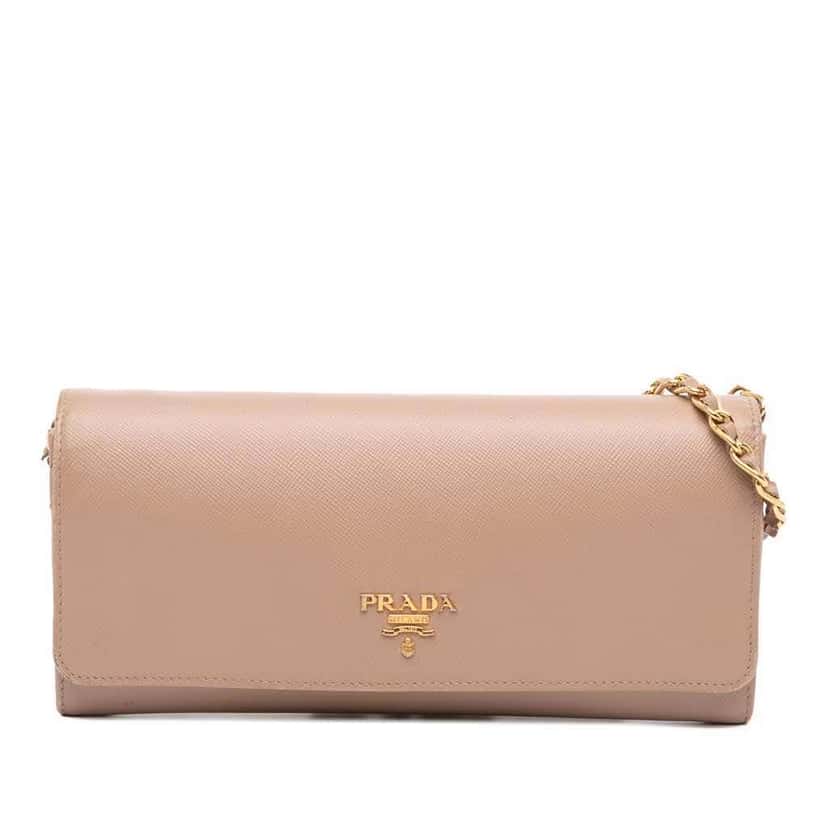 Prada Saffiano Metal Oro Chain Wallet Brown Leather Good condition - Front View