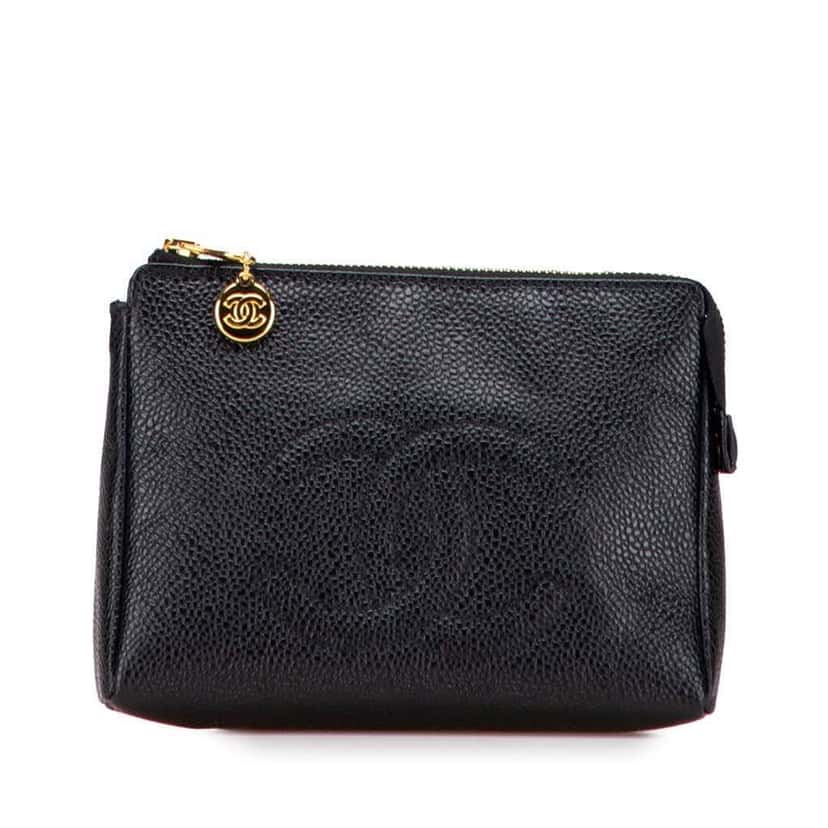 Chanel CC Caviar Cosmetic Pouch Black Leather Good condition - Front View