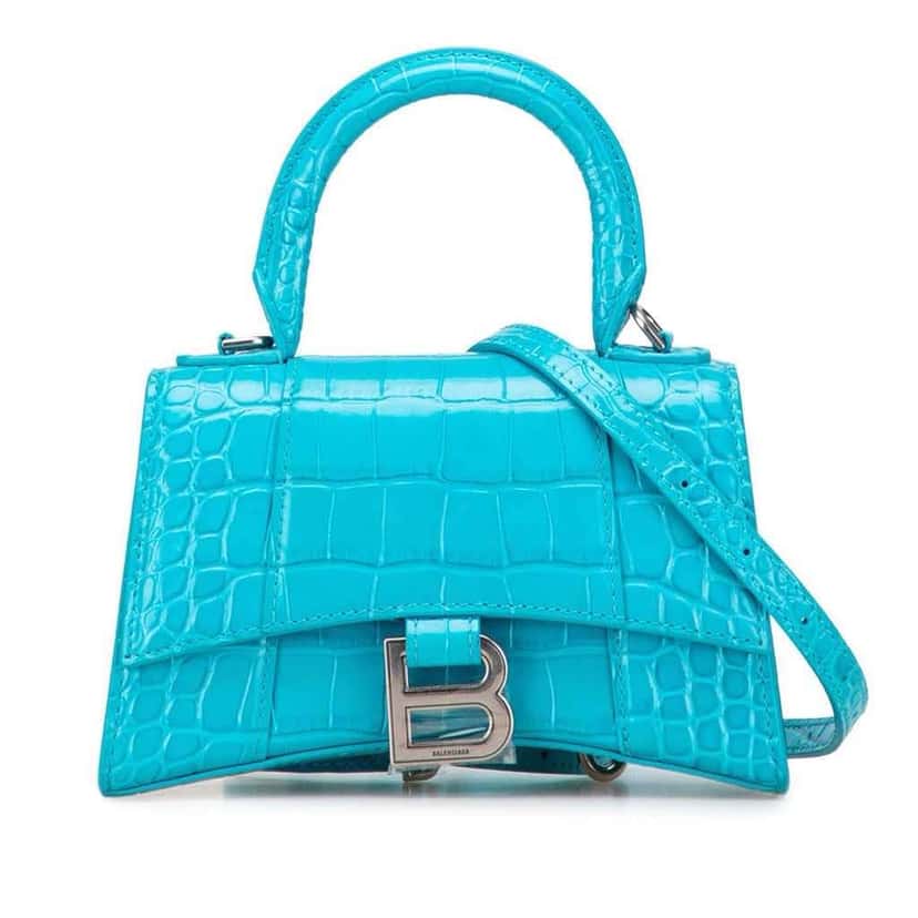 Balenciaga XS Croc Embossed Hourglass Top Handle Bag Blue Leather Good condition - Front View