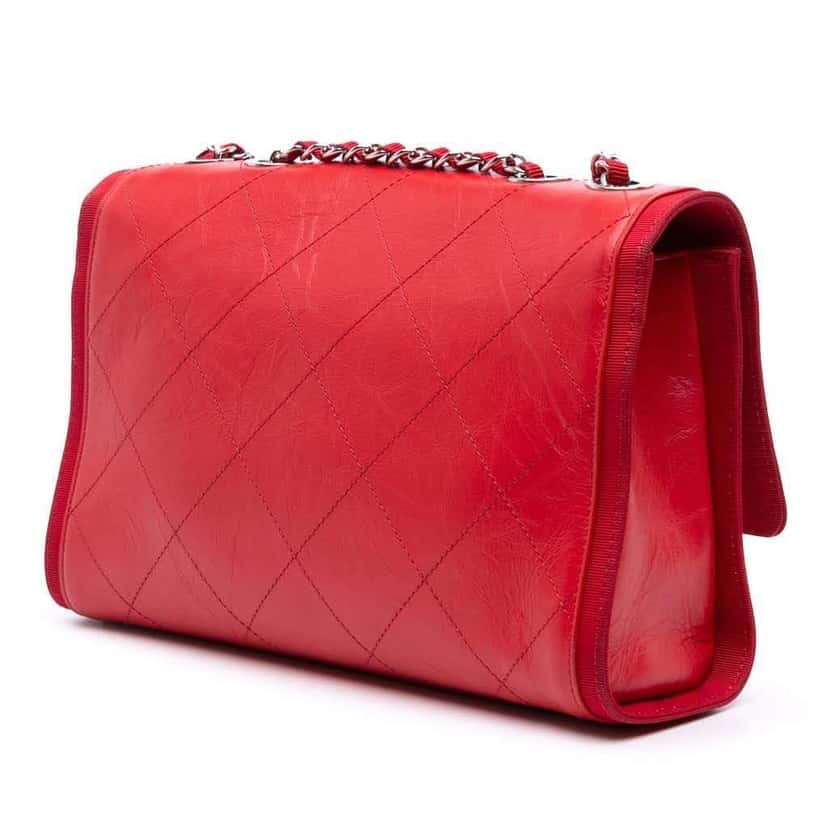 Chanel CC Quilted Crumpled Calfskin and Grosgrain Flap Red Leather Good condition - Back View