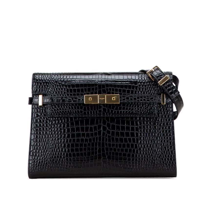 Saint Laurent Medium Shiny Croc Embossed Manhattan Shoulder Bag Black Leather Good condition - Front View