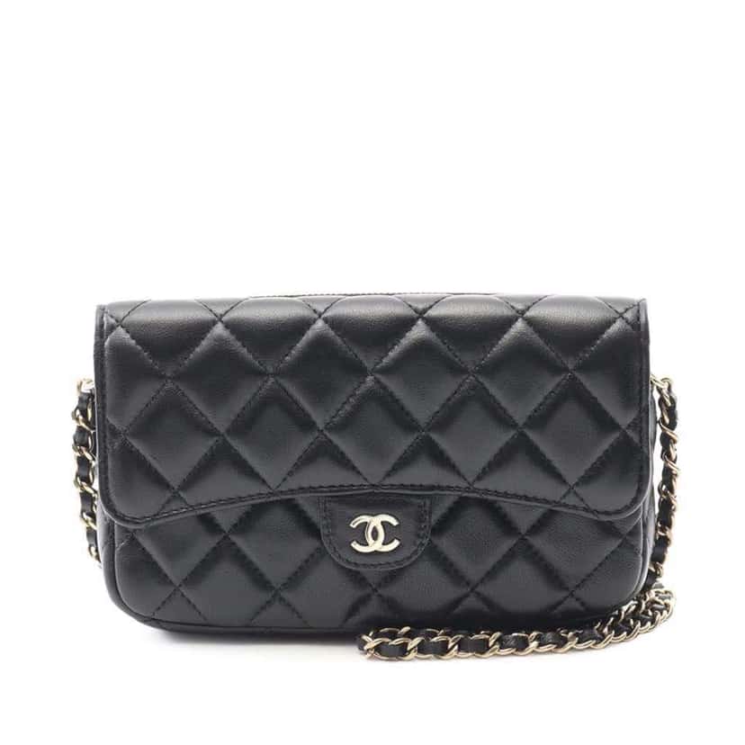 Chanel CC Quilted Lambskin Flap Phone Holder Wallet on Chain Black Leather Good condition - Front View