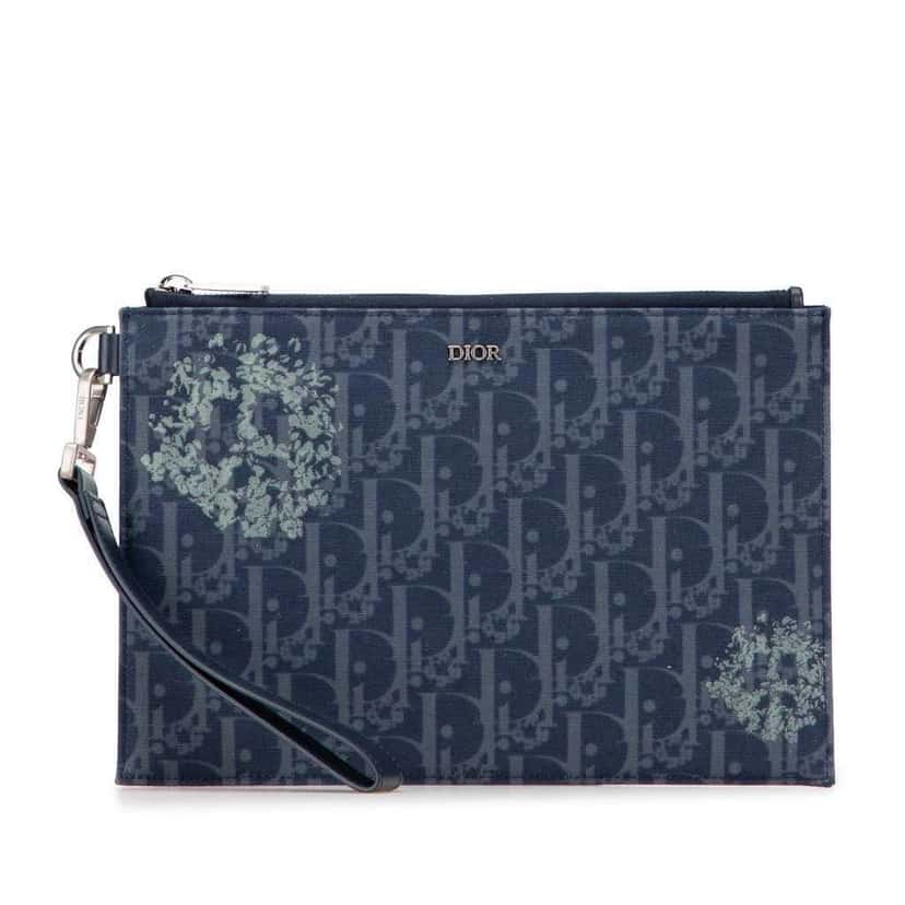 Dior Oblique Denim Tears A5 Flat Pouch Blue Denim Very good condition - Front View
