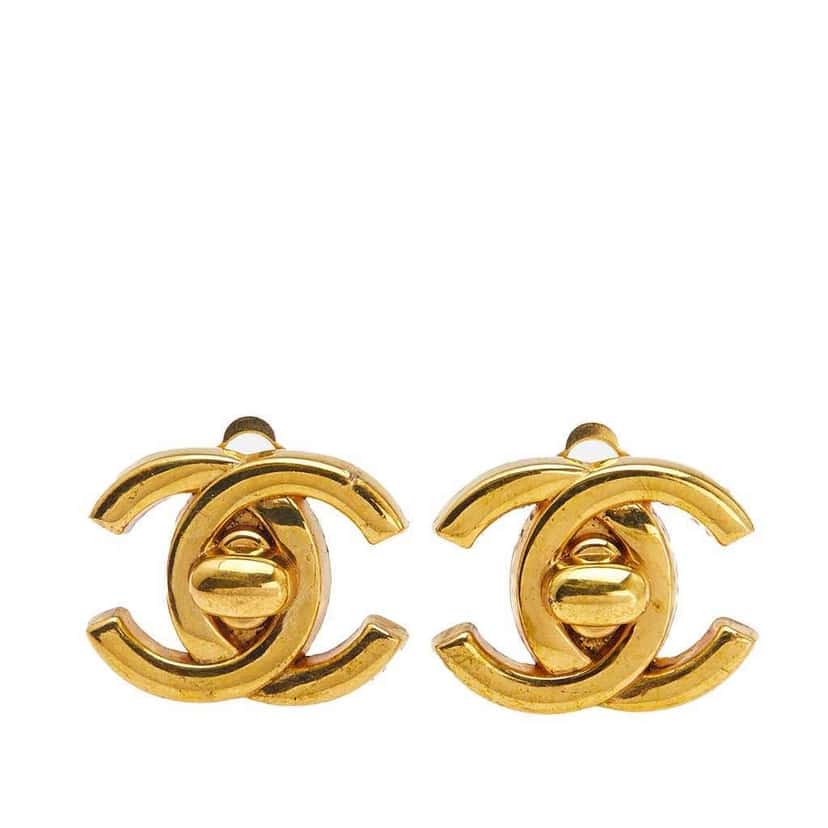Chanel Gold Plated CC Turn Lock Clip on Earrings Gold Metal Good condition - Front View