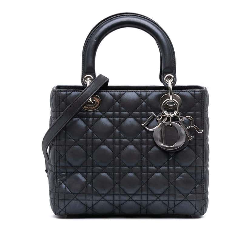 Dior Medium Iridescent Lambskin Cannage Lady Dior Black Leather Good condition - Front View