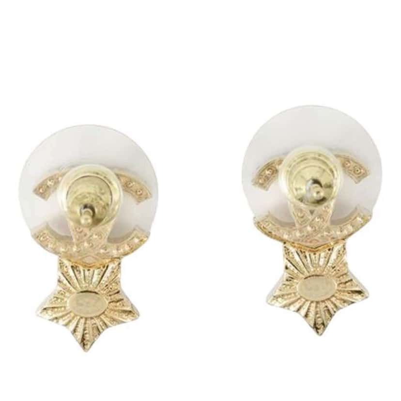 Chanel Gold Plated Rhinestone and Faux Pearl CC Star Push Back Earrings Gold Metal Good condition - Back View