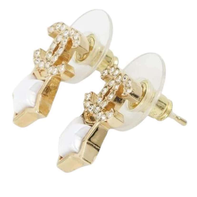 Chanel Gold Plated Rhinestone and Faux Pearl CC Star Push Back Earrings Gold Metal Good condition - Inside View