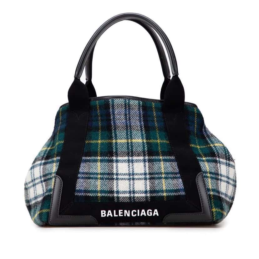 Balenciaga Plaid Wool Navy Cabas S Green Wool Good condition - Front View