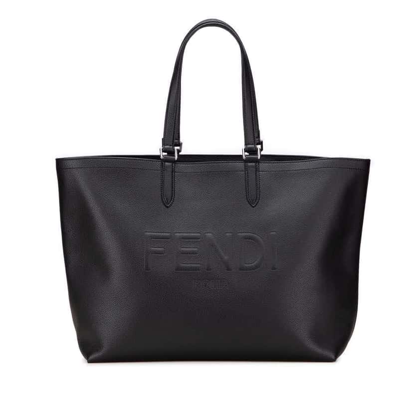 Fendi Embossed Leather Logo Tote Black Leather Good condition - Front View