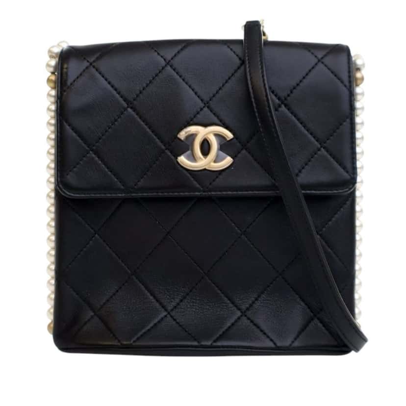 Chanel Small Quilted Calfskin About Pearls Hobo Black Leather Good condition - Front View