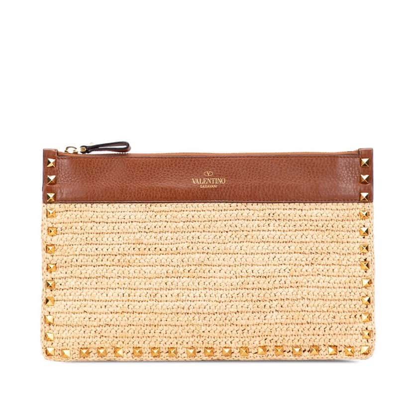 Valentino Large Raffia Rockstud Zip Pouch Brown Good condition - Front View