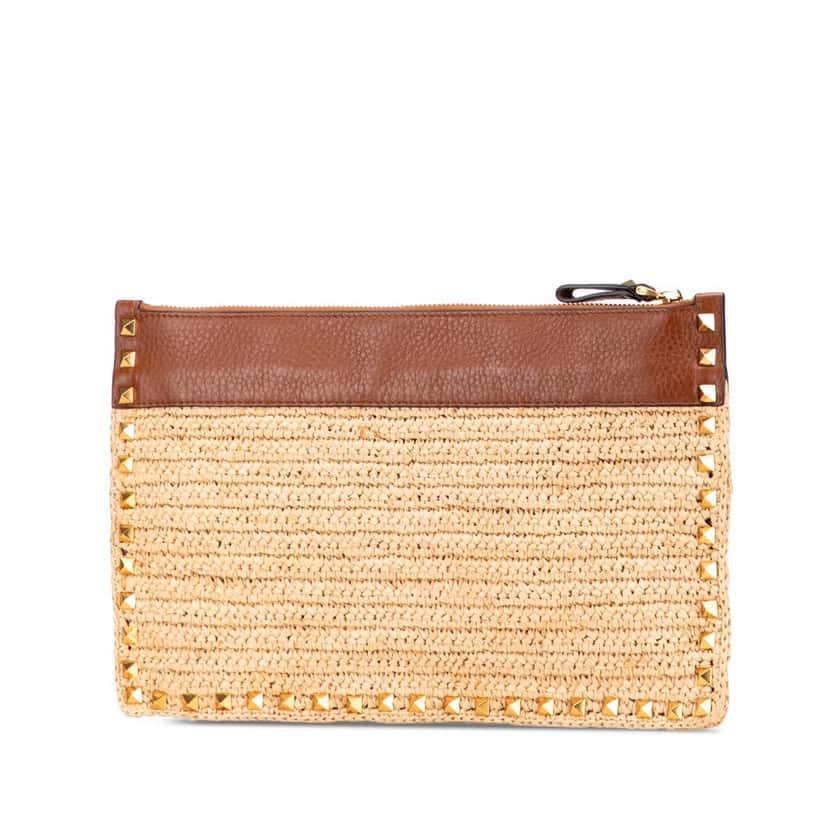 Valentino Large Raffia Rockstud Zip Pouch Brown Good condition - Back View