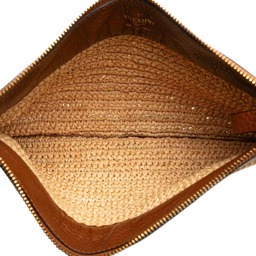 Valentino Large Raffia Rockstud Zip Pouch Brown Good condition - Model View