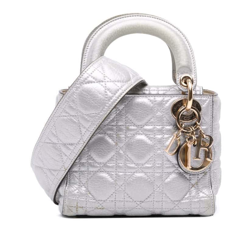 Dior Mini Metallic Grained Calfskin Cannage Lady Dior Silver Leather Very good condition - Front View