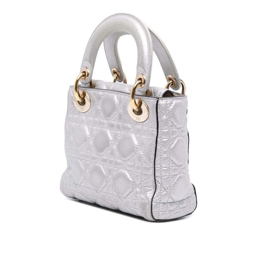 Dior Mini Metallic Grained Calfskin Cannage Lady Dior Silver Leather Very good condition - Back View
