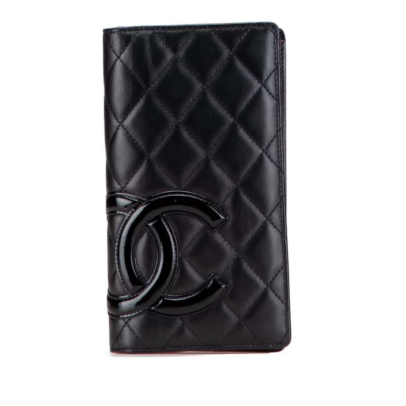 Chanel Quilted Lambskin Cambon Ligne Bifold Wallet Black Leather Good condition - Front View