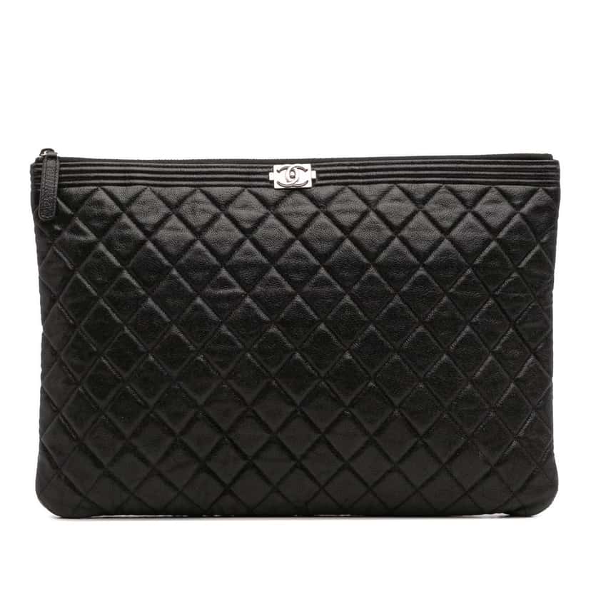 Chanel Large Quilted Caviar Boy O Case Clutch Black Leather Good condition - Front View