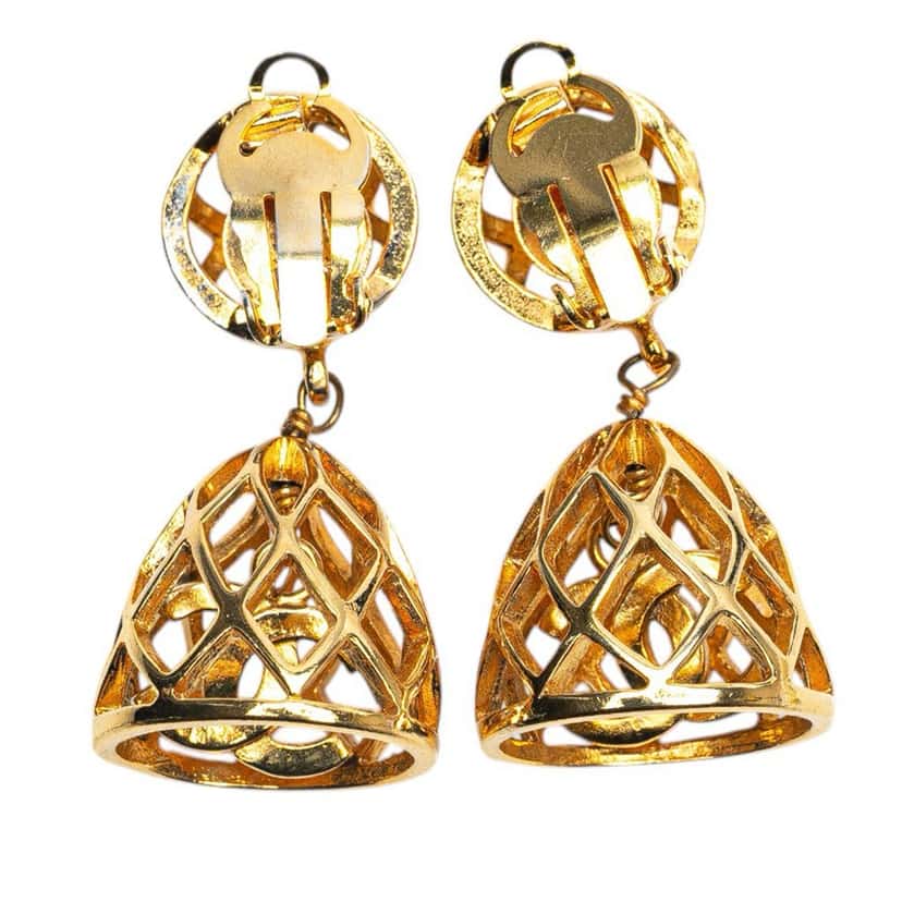 Chanel Gold Plated CC Bird Cage Drop Clip On Earrings Gold Metal Good condition - Back View