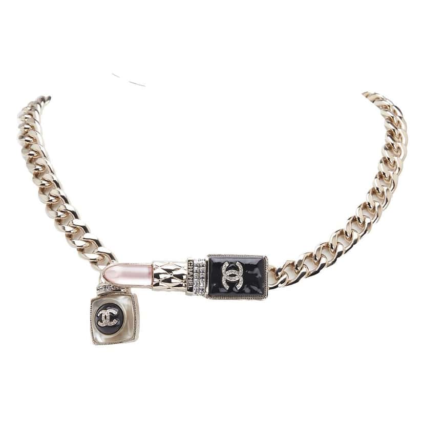 Chanel Gold Plated Faux Pearl Strass and Glass Lipstick Chain Necklace Gold Metal Good condition - Front View