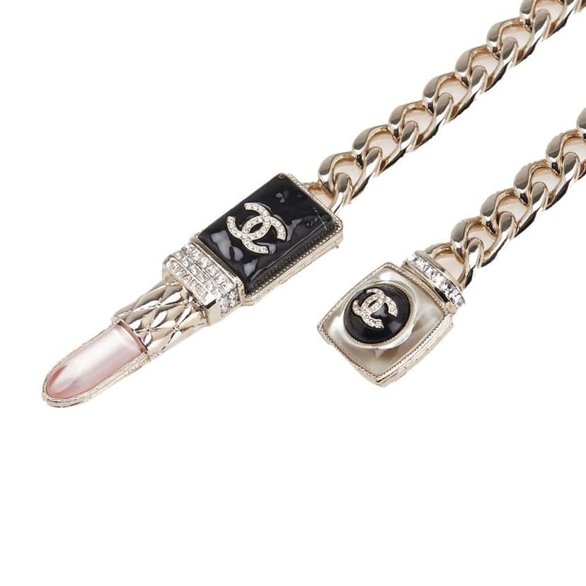 Chanel Gold Plated Faux Pearl Strass and Glass Lipstick Chain Necklace Gold Metal Good condition - Back View