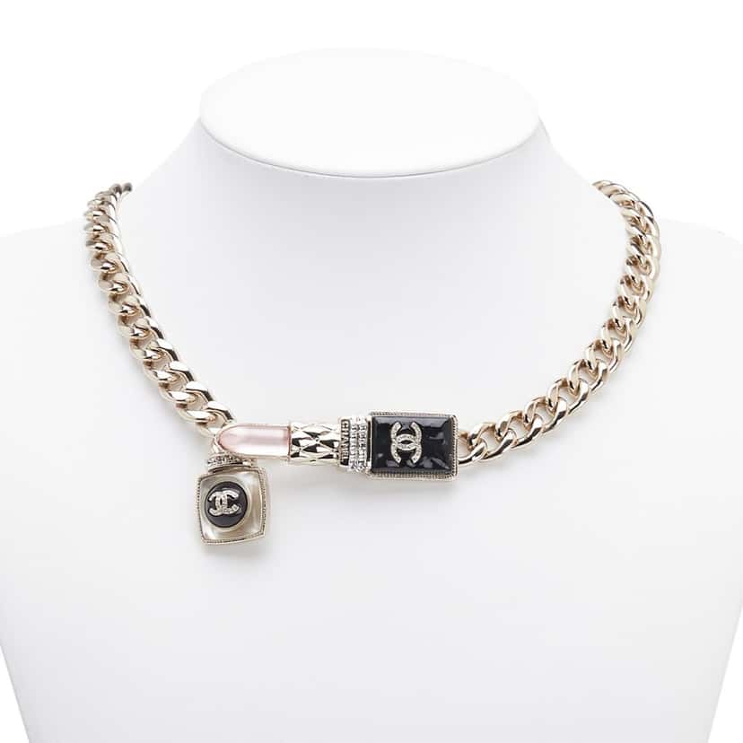 Chanel Gold Plated Faux Pearl Strass and Glass Lipstick Chain Necklace Gold Metal Good condition - Box View