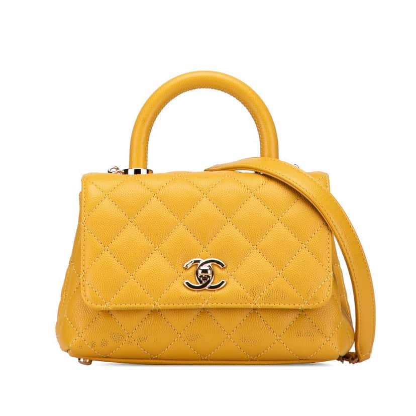 Chanel Extra Mini Quilted Caviar Coco Top Handle Bag Yellow Leather Good condition - Front View