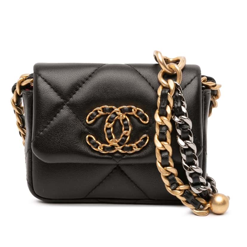 Chanel Lambskin 19 Flap Coin Purse With Chain Black Leather Good condition - Front View