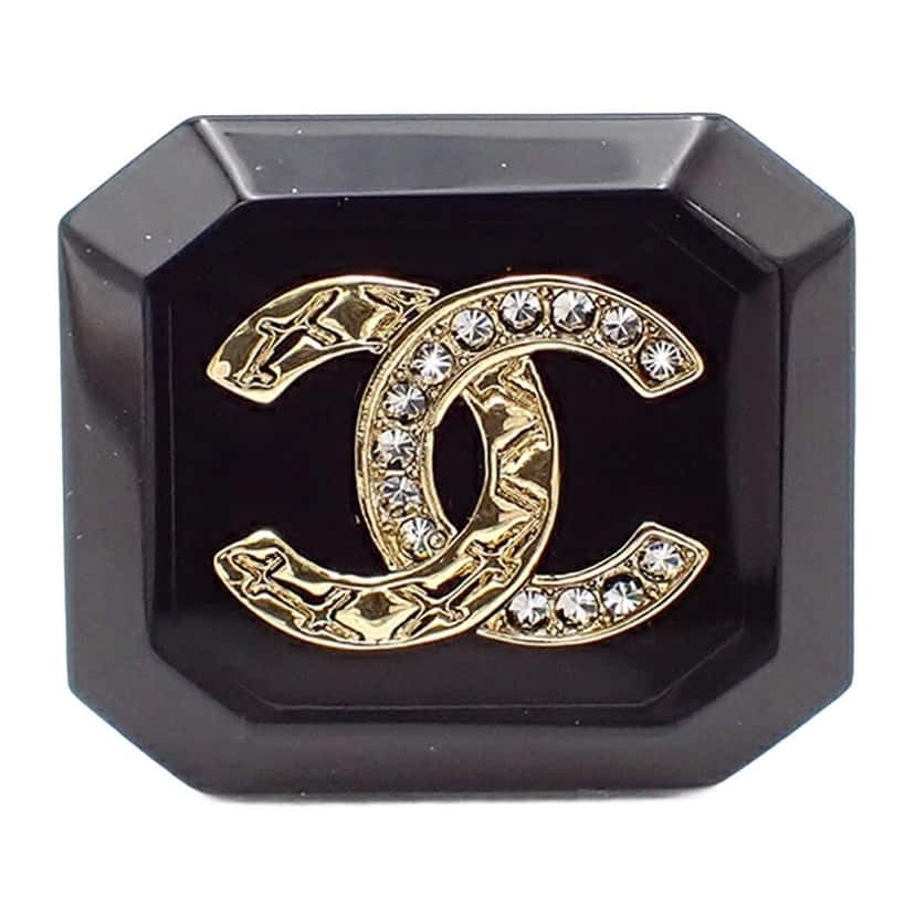 Chanel Resin Gold Plated CC Rhinestone Brooch Black Good condition - Front View