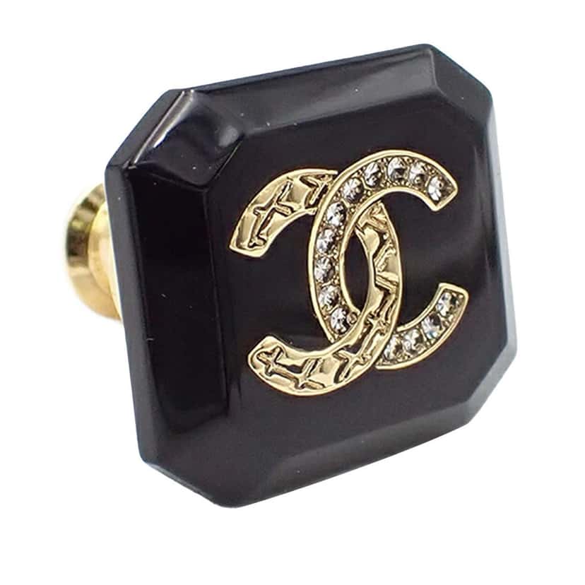 Chanel Resin Gold Plated CC Rhinestone Brooch Black Good condition - Back View